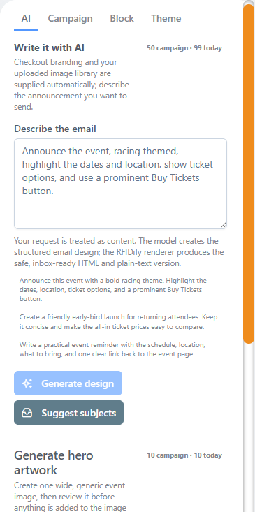 AI-generated campaign design in the RFIDify marketing editor