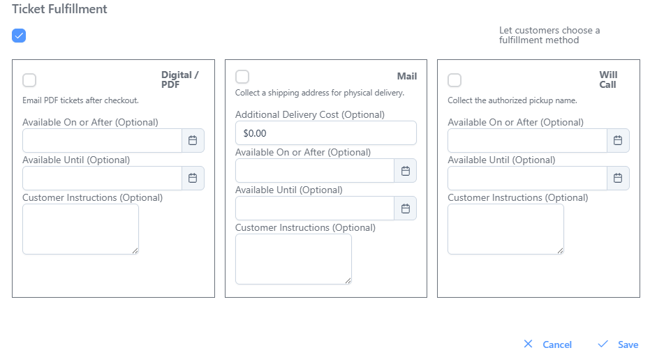 RFIDify ticket delivery and fulfillment settings